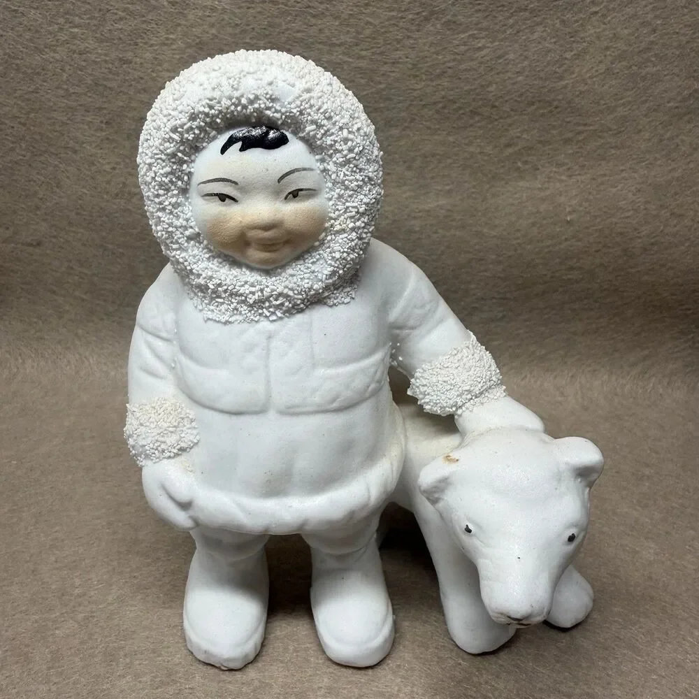 Retro Ceramic Inuit Child with Polar Bear Figurine Statue 5.5